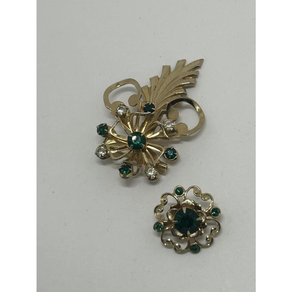 LOT of 2 Vintage Emerald Green Gold Tone Set, Rhinestone Brooch & Scatter Pin